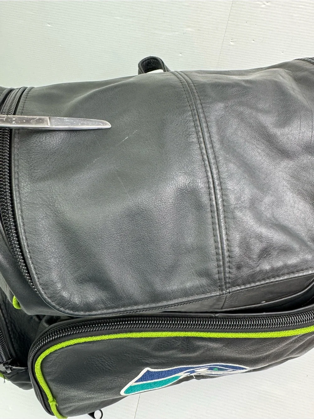 Seattle Seahawks Genuine Leather Backpack VTG Style Black Action Green NFL